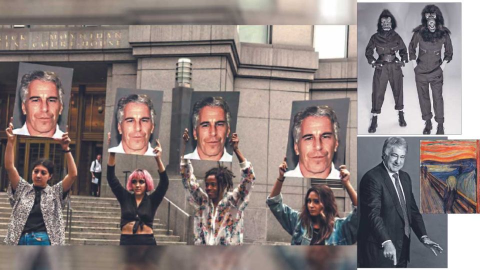 Protagonistas. Una manifestación contra Jeffrey Epstein (izq.). Leon Black y El grito, de Munch. y dos Guerrilla Girls (der.).