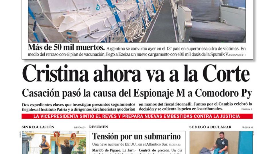 La tapa del Diario PERFIL del sábado 13 de febrero de 2021.