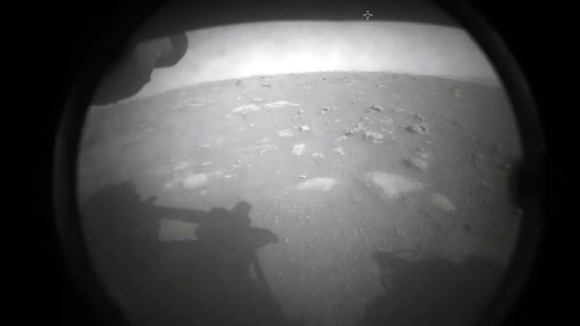This photo shows the first images from NASA’s Perseverance rover as it landed on the surface of Mars on February 18, 2021. 