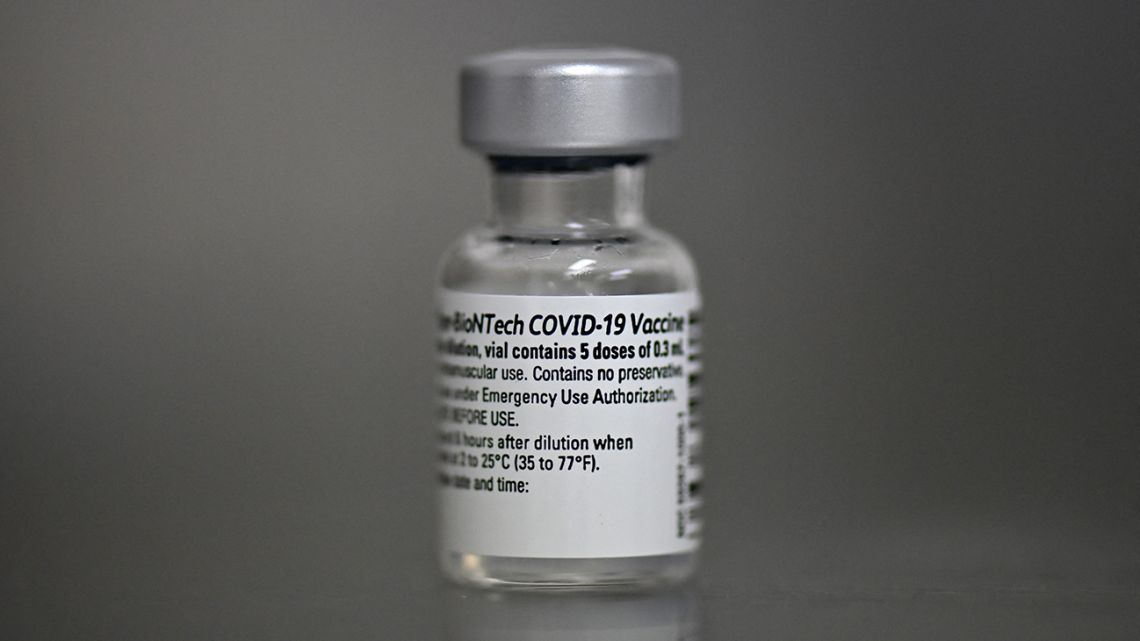 View of a vial of the Pfizer-BioNTech vaccine against COVID-19.