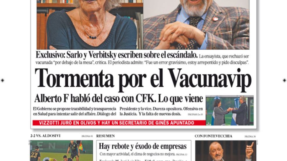 La tapa de Diario PERFIL de este domingo 21 de febrero de 2021