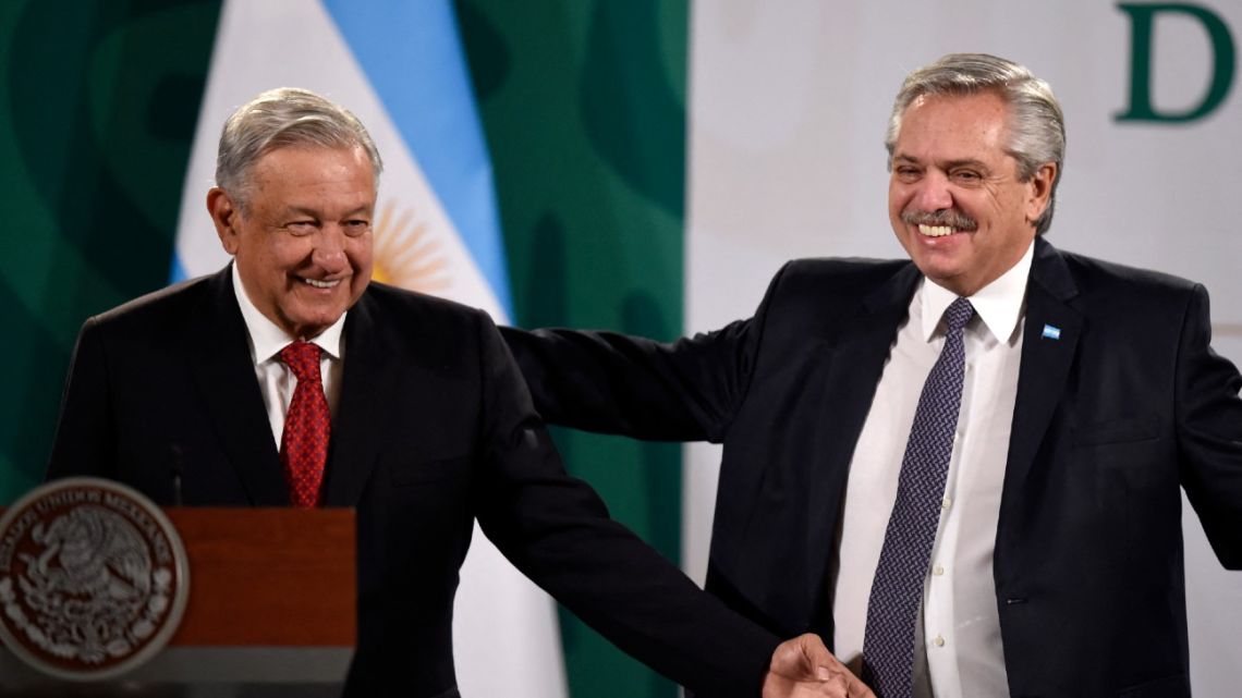 President Alberto Fernández, pictured with his Mexican counterpart Andrés Manuel López Obrador, at a press conference in Mexico City on Tuesday, February 23, 2021..