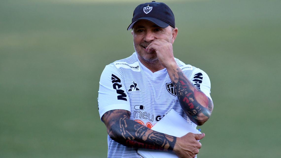 In this file photo taken on March 09, 2020, the coach of Brazilian football team Atletico Mineiro, Argentine Jorge Sampaoli, conducts a training session at the club's training centre after his presentation in Vespasiano, Brazil. Argentine coach Jorge Sampaoli said goodbye to Brazilian first division side Atletico Mineiro on February 22, 2021 in a letter released by his adviser. 