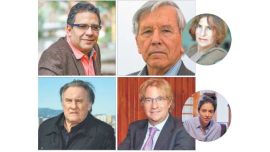 Protagonistas. Arriba, Alberto Salcedo y Amos Oz. Abajo, Gerard Depardieu y Andrés Roemer. En círculos: arriba, Galia Oz, la hija del escritor israelí, y la bailarina Itzel Schnnas, denunciante de Roemer.