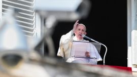Pope Francis gestures as he speaks from the window of the apostolic palace overlooking St. Peter's Square on February 21, 2021 during the weekly Angelus prayer in The Vatican.