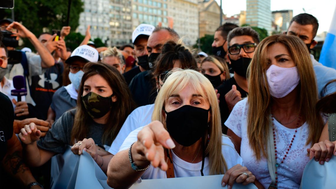 Claudia Villafane (centre), ex-wife of the late football player Diego Maradona, and Giannina Maradona (left), his daughter, are seen during a demonstration calling for justice to be served an investigation into his death.