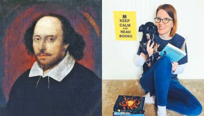 Shakespeare & Co. Arriba, el bardo inglés. Al lado, la profesora Amanda McGregor.
