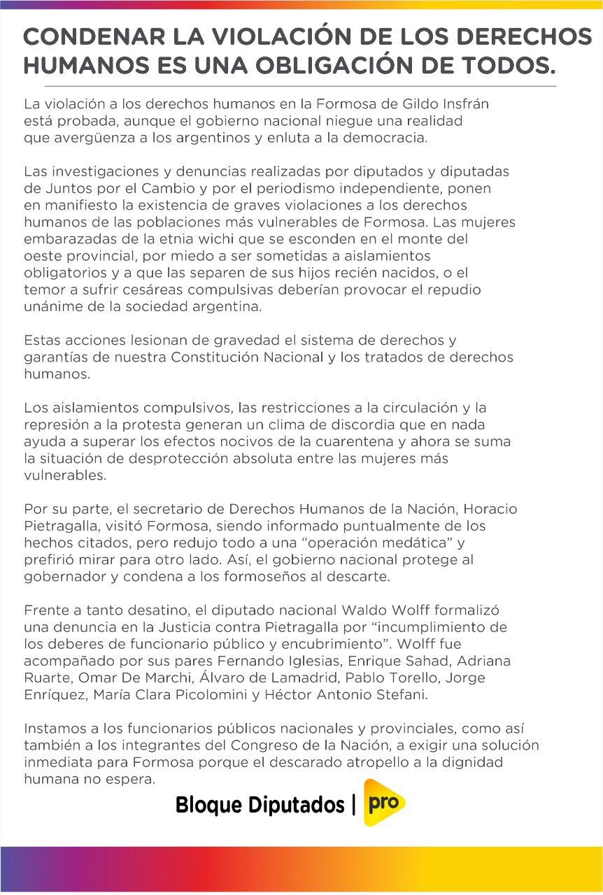 Para el PRO, "la violación a los derechos humanos en Formosa está probada"