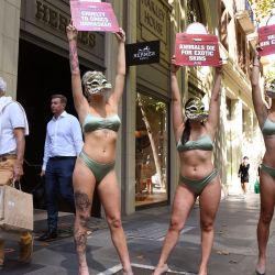 Activistas del grupo de derechos de los animales PETA, con bikinis y máscaras de cocodrilo, se paran frente a una tienda de la marca de moda francesa Hermes en Melbourne, para protestar contra el uso de pieles de cocodrilo. | Foto:William West / AFP