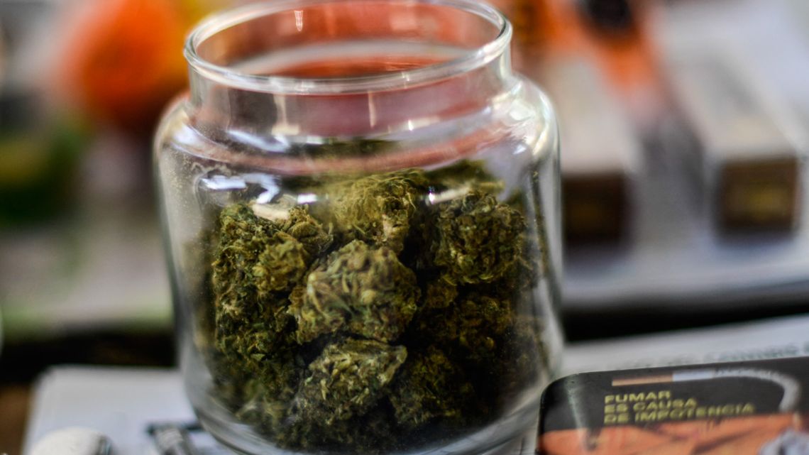 View of a jar with cannabis flowers at the esplanade of the Estela de Luz in Mexico City, on March 9, 2021, on the day that Mexico's Congress begins to discuss eventual legalisation of the use of recreational marijuana.