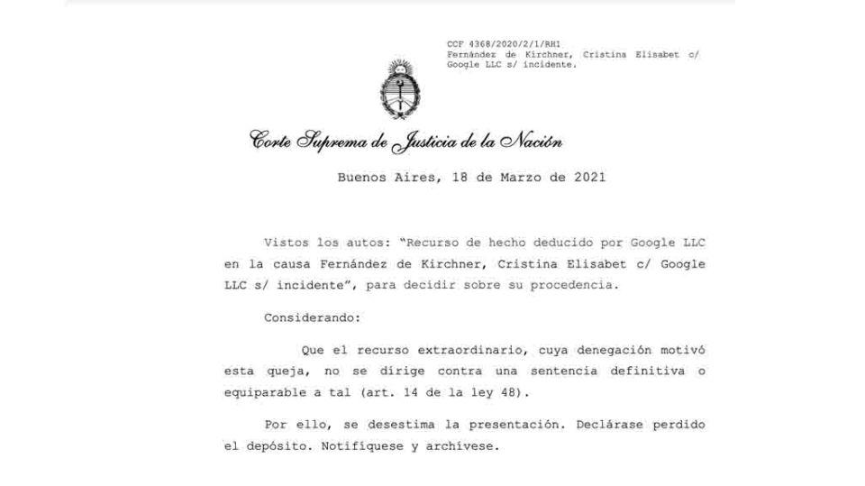cristina kirchner google corte suprema