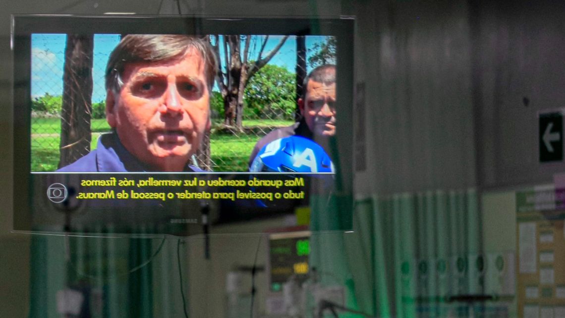 A televison screen showing Brazilian president Jair Bolsonaro is seen inside the ICU unit of the Regional Public Hospital of Baixo Amazonas in Santarem, Para State, Brazil.