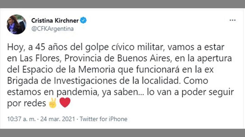 comunicación de Cristina Fernández vía Redes 20210324