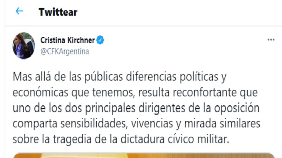 Tuit de Cristina Kirchner sobre Larreta