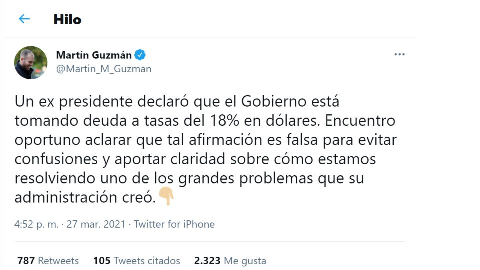 Tuit de Martín Guzmán contra Mauricio Macri.