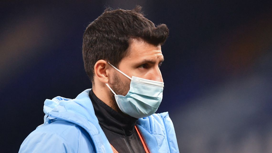 Manchester City striker Sergio Agüero looks on after the English FA Cup quarter-final football match between Everton and Manchester City at Goodison Park in Liverpool, north west England on March 20, 2021.