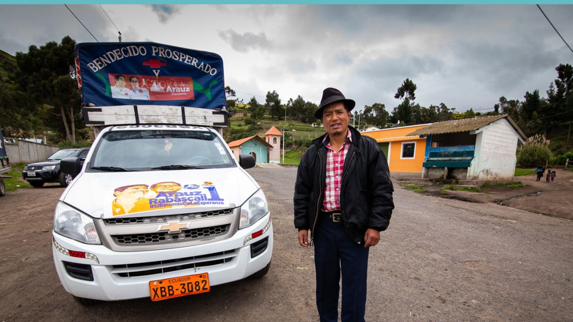 Indigenous Roberto Tipantuna, a supporter of Ecuadorean presidential candidate Andres Arauz, poses in the village of Pujili, Cotopaxi province, Ecuador, on April 6, 2020. After Ecuadorean indigenous presidential candidate Yaku Perez lost his chance to run for the second round of the election, political division went back to indigenous communities. 
