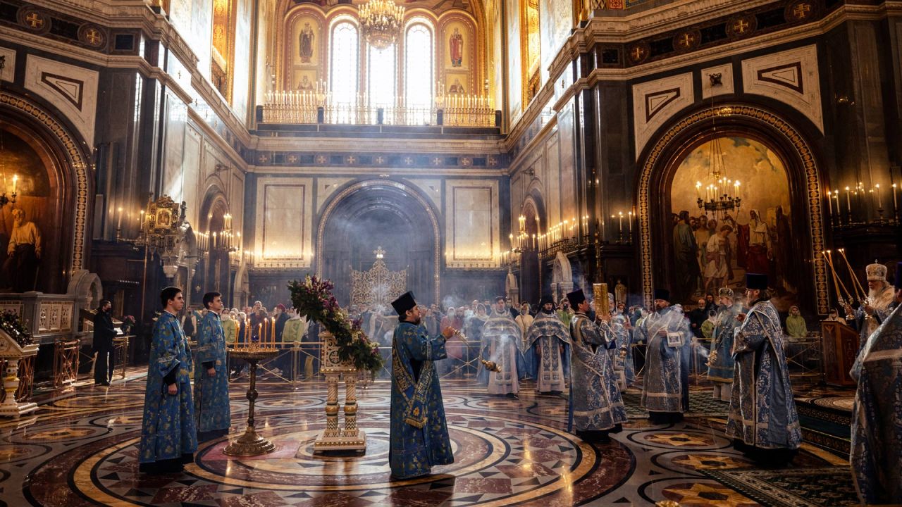 Sacerdotes ortodoxos y el patriarca ortodoxo ruso Kirill (derecha) asisten a un servicio con motivo de la festividad de la Anunciación en la Catedral de Cristo Salvador en Moscú. | Foto:Dimitar Dilkoff / AFP