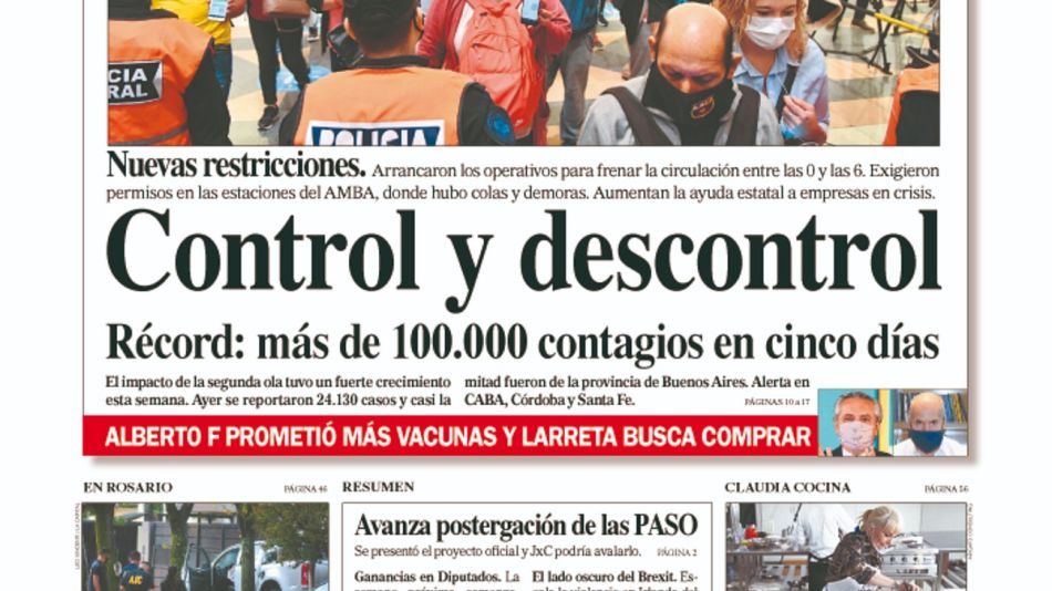 La tapa del diario PERFIL del sábado 10 de abril de 2021.