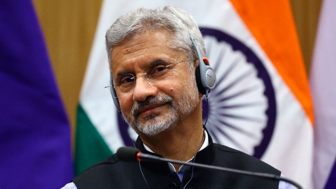 This handout picture released on April 6, 2021 by the Russian Foreign Ministry shows India's Foreign Minister Subrahmanyam Jaishankar as he attends a press conference following his meeting with his Russian counterpart in New Delhi. 