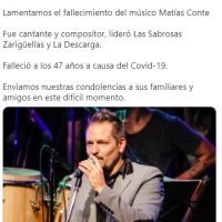 Murió Matías Conte, cantante de Las Sabrosas Zarigüellas, tras contraer coronavirus