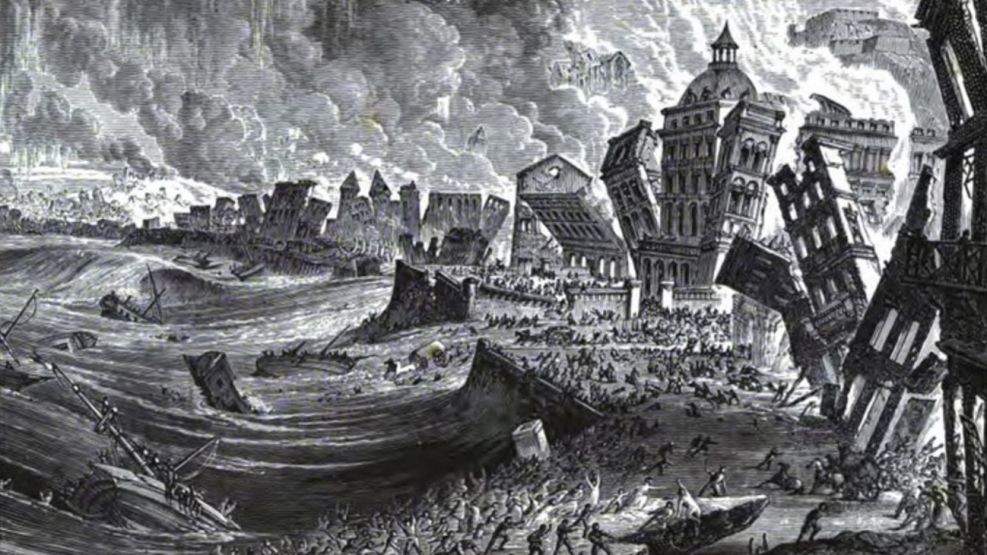 Una de la recreaciones del trágico sismo y tsunami en Portugal en 1775.
