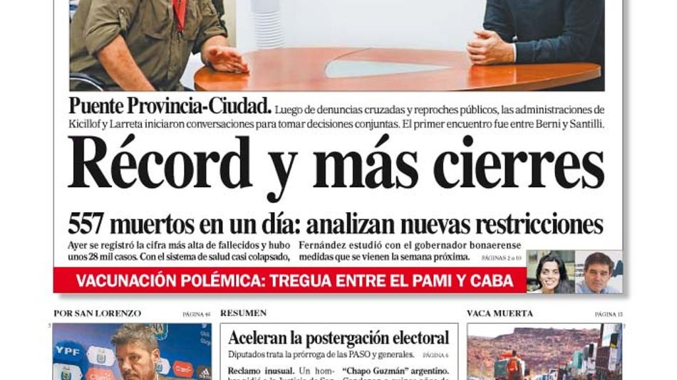 La tapa del Diario PERFIL del sábado 24 de abril de 2021.