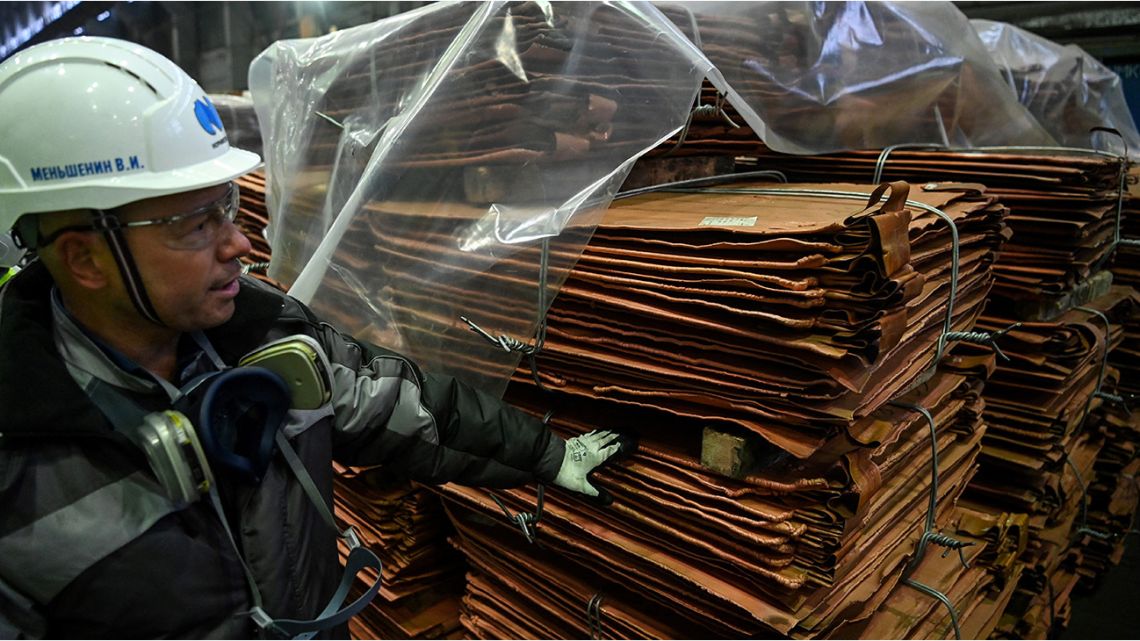 In this file photo taken on February 25, 2021 A view shows copper sheets at Kola Mining and Metallurgical Company (Kola MMC), a unit of Russia's metals and mining company Nornickel, in the town of Monchegorsk in the Murmansk region. 
