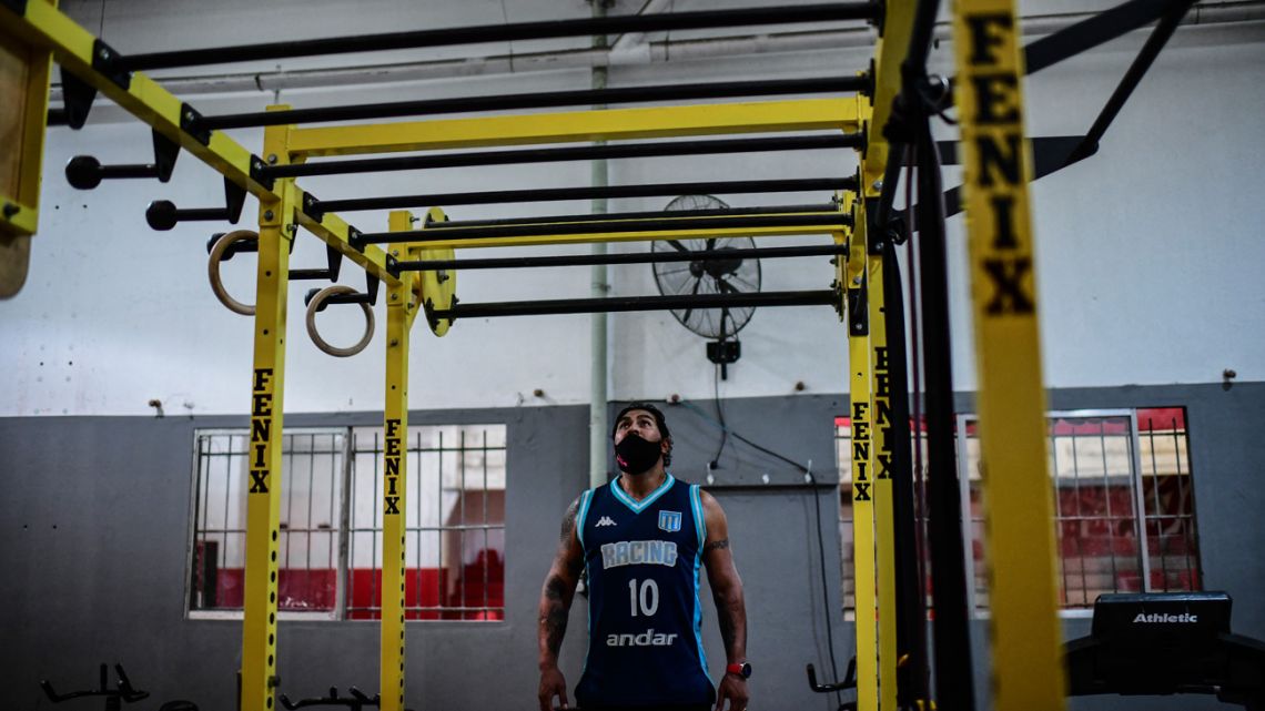 Covid-19 survivor Raúl Gutiérrez - who spent several months in an intensive care unit of a hospital - trains at his gym in Lanús, on April 21, 2021. 