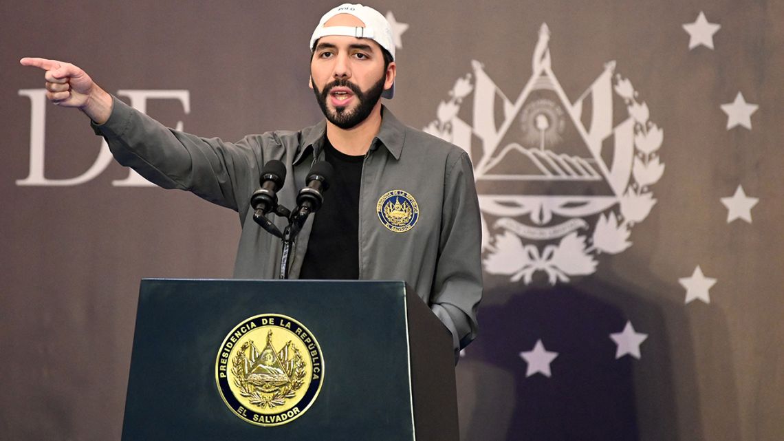 In this file photo taken on February 28, 2021 Salvadoran President Nayib Bukele delivers a press conference at a hotel in San Salvador.