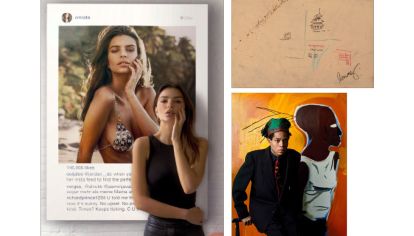 NFT. A la izq., Emily Ratajkowski posando junto a una imagen suya. Al lado, Jean-Michel Basquiat y su Comb with Pagoda.