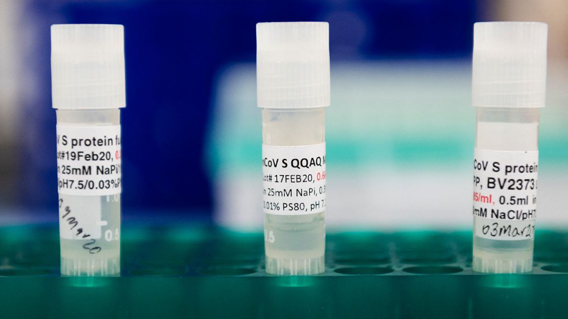 Three potential Covid-19 vaccines are kept in a tray at Novavax labs in Gaithersburg, Maryland on March 20, 2020, one of the labs developing a vaccine for the coronavirus, Covid-19.