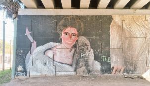 El mural de la tapa de María Julia Alsogaray está pintado bajo un puente en Tigre