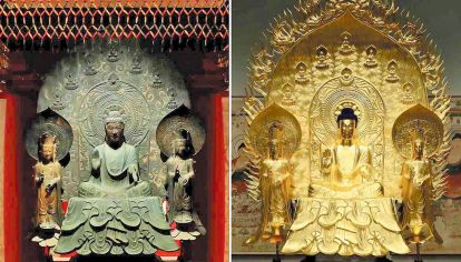 Reconstrucción. Arriba, el clon de Shaka (Sakyamuni), estatua ubicada en el templo Horyuji. Al lado, Masaaki Miyasako.
