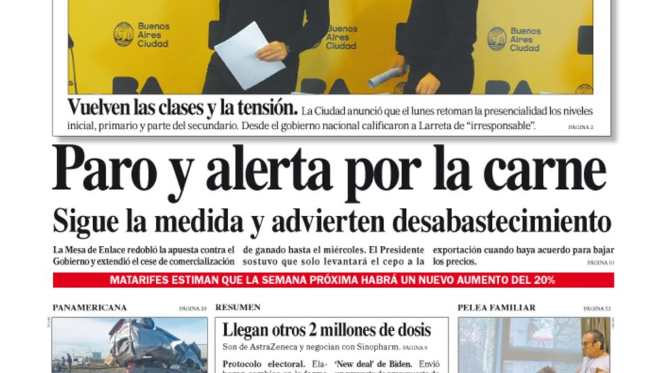 La tapa del Diario PERFIL del sábado 29 de mayo de 2021.