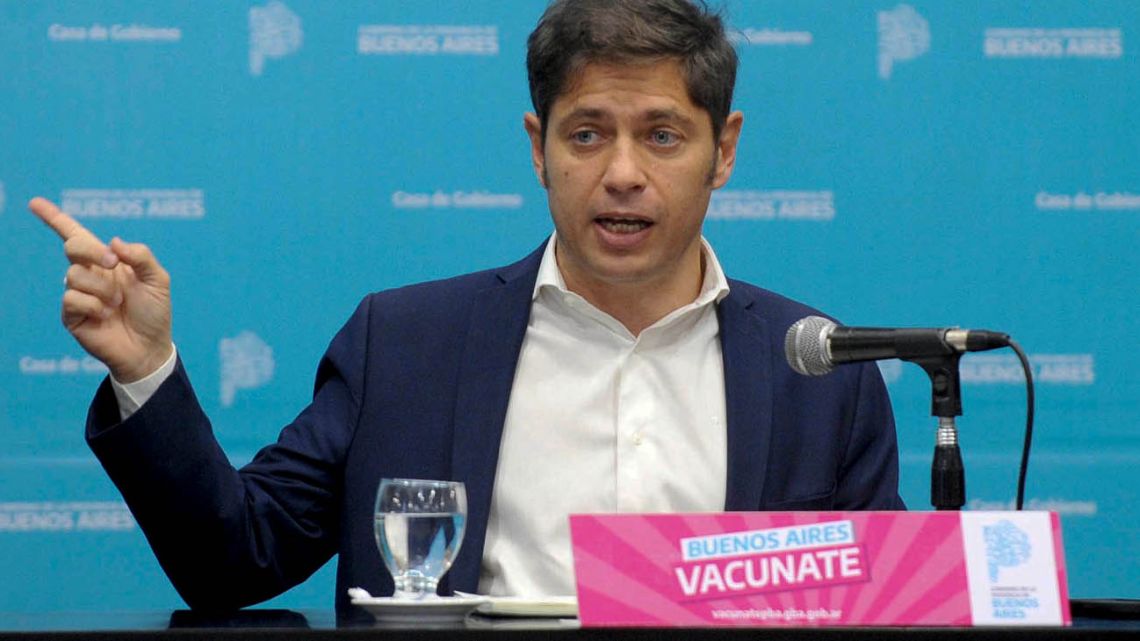 Buenos Aires Province Governor Axel Kicillof holds a press conference.