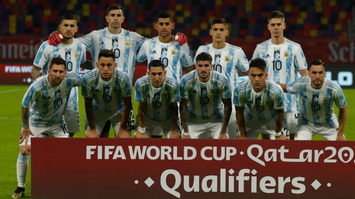 The Argentina line-up for the recent World Cup qualifier against Chile, pictured at the Estadio Unico Madre de Ciudades stadium in Santiago del Estero, Argentina, on June 3, 2021. 