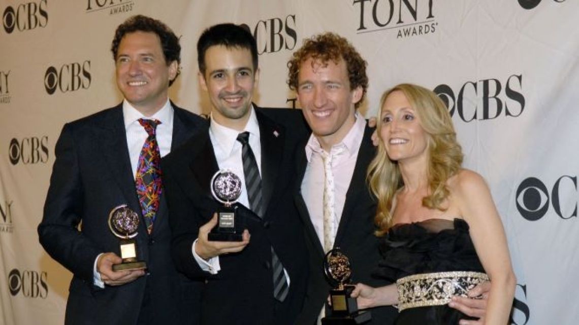 "In the Heights" producers, including Lin-Manuel Miranda second from left, pose with their Tony awards for best musical in the press room of the 62nd Annual American Theatre Wing's Tony Awards at Radio City Music Hall in New York, U.S., on Sunday, June 15, 2008.