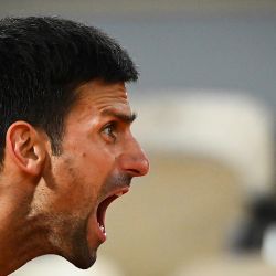El serbio Novak Djokovic reacciona mientras juega contra el italiano Matteo Berrettini durante el partido de tenis de cuartos de final de individuales masculinos en el día 11 del torneo de tenis del Abierto de Francia de Roland Garros 2021 en París. | Foto:Anne-Christine Poujoulat / AFP
