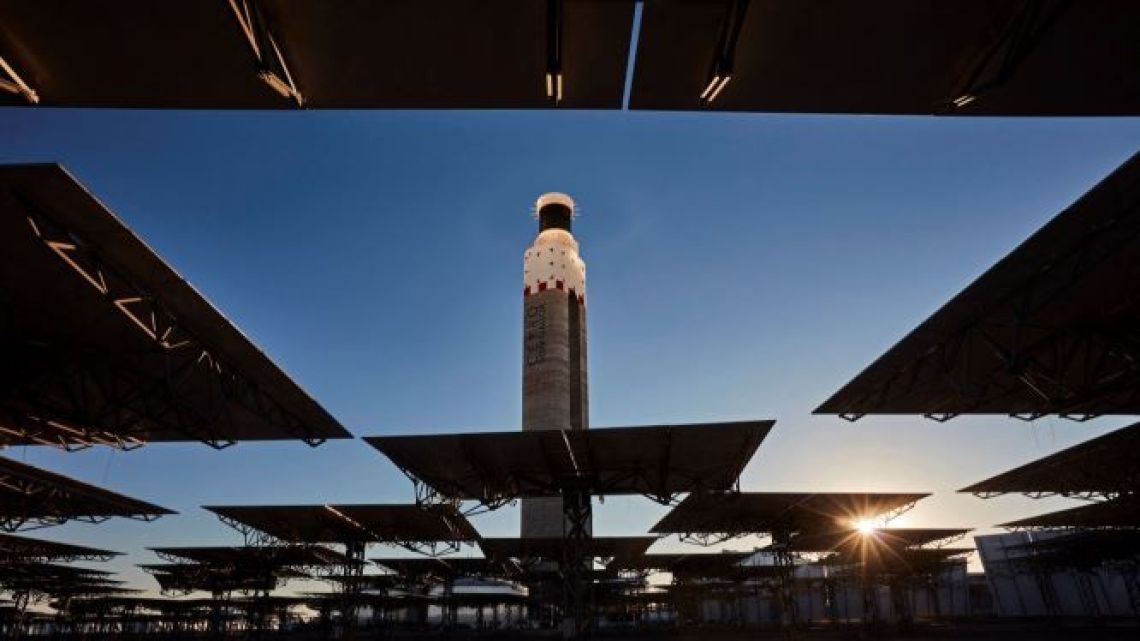 Aerial handout picture released by the Cerro Dominador, the first thermosolar power plant in Latin America, in Antofagasta, Chile, on April 1, 2021. 