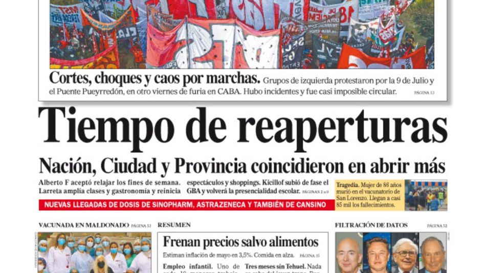 La tapa del Diario PERFIL del sábado 12 de junio de 2021.