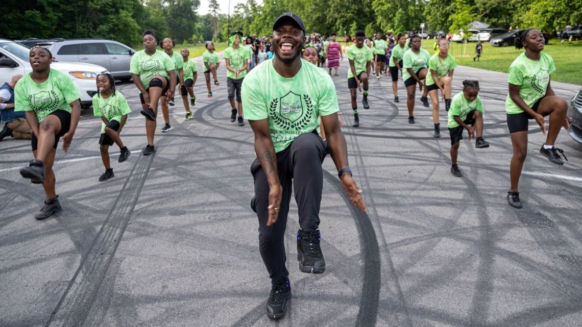 Complex Collaboration Step Team performs a dance during the Juneteenth Unity Parade at Shawnee Park on June 19, 2021 in Louisville, Kentucky.