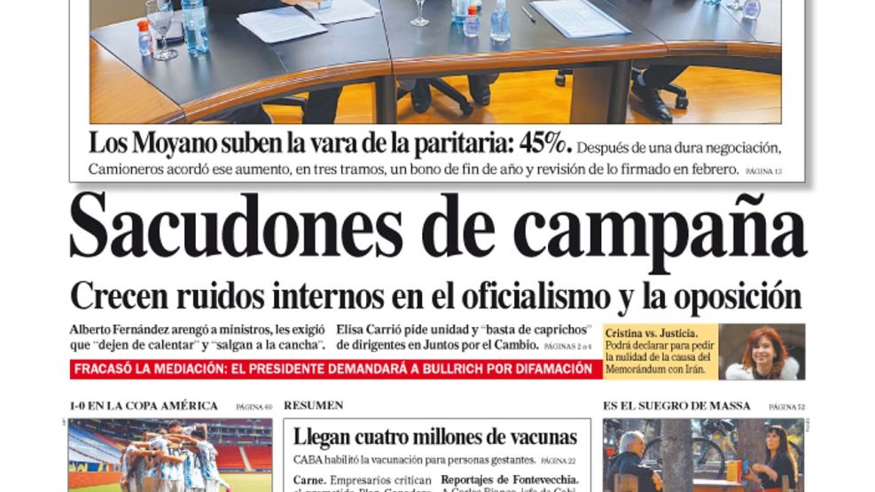 La tapa del Diario PERFIL de este sábado 19 de junio de 2021.