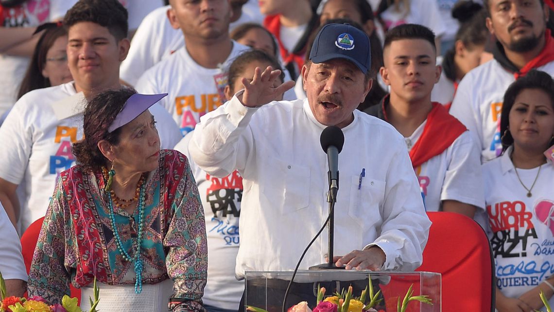 Nicaraguan President Daniel Ortega delivers a speech next to his wife and Vice-President Rosario Murillo, in Managua, Nicaragua.