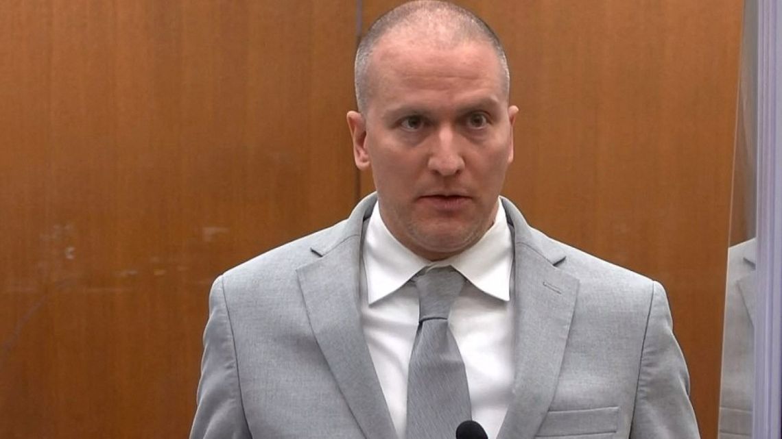 This grab from video courtesy of Court TV shows former policeman Derek Chauvin speaking facing the camera as he heard his sentence in the Hennepin County Government Center on June 25, 2021 in Minneapolis, Minnesota.