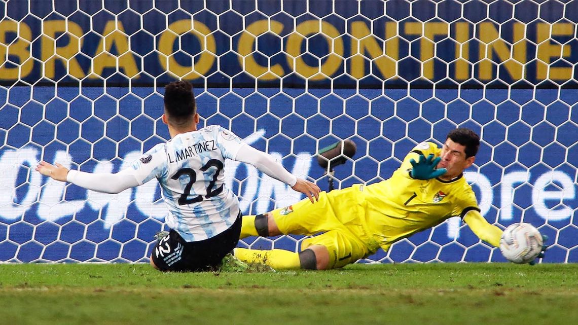 Lautaro Martínez strikes at goal, while playing for Argentina against Bolivia in the 2021 Copa América.
