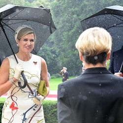 El rey Guillermo Alejandro y la reina Máxima de Holanda conversan con una persona que les da la bienvenida durante una ceremonia oficial de bienvenida en el palacio presidencial de Bellevue, en Berlín. | Foto:Tobias Schwarz / AFP