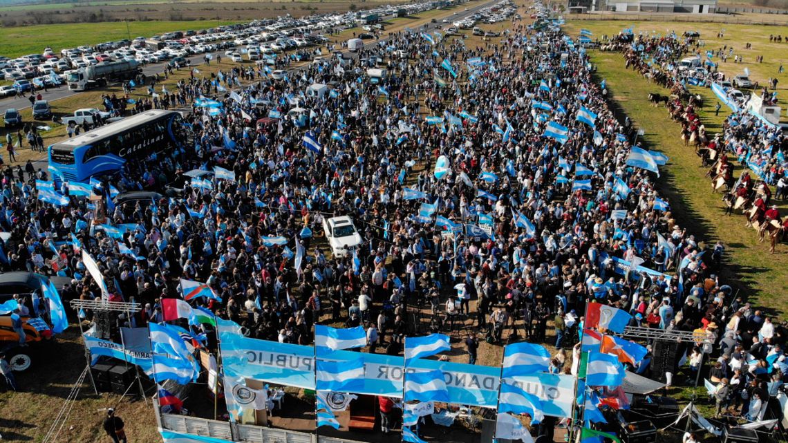 Aerial view of a demonstration against President Alberto Fernández and his government in San Nicolás, Argentina, on July 9, 2021.