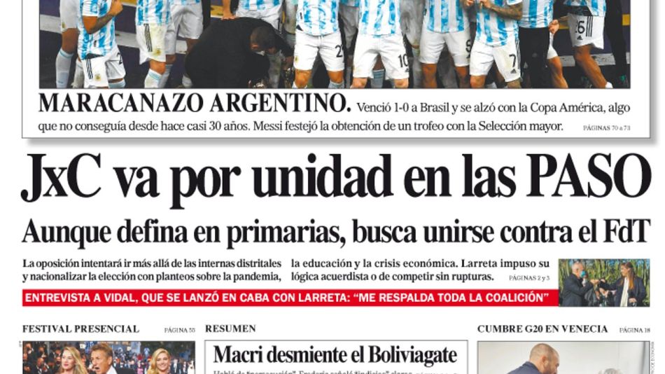 La tapa del Diario PERFIL del domingo 11 de julio de 2021.