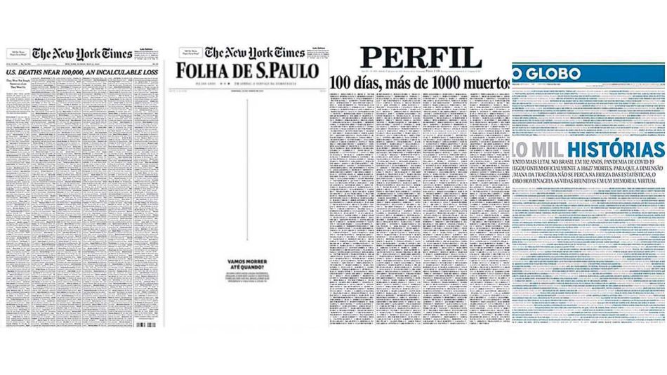 Homenajes. Diarios de referencia de diferentes partes del mundo hicieron portadas alusivas a las muertes por covid en sus países.
